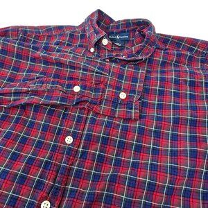 Ralph Lauren Button Down Shirt Boys Large (14-16) Red‎ Blue Plaid Long Sleeve